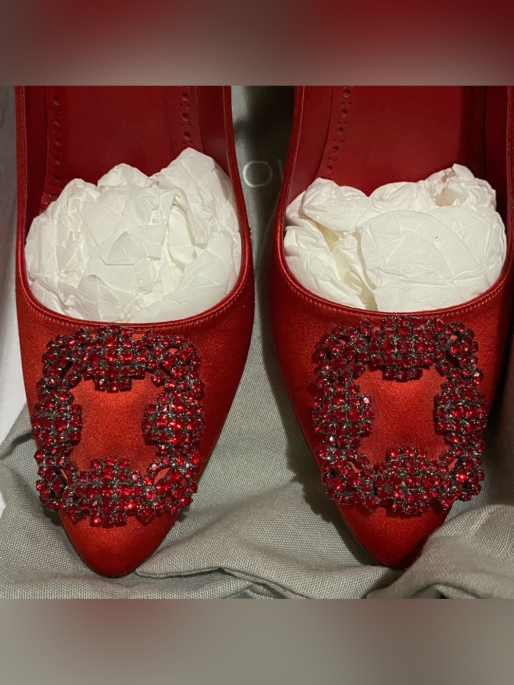 Manolo Blahnik Red Satin Crystal-Buckled Pointed Pumps - Picture 5 of 7